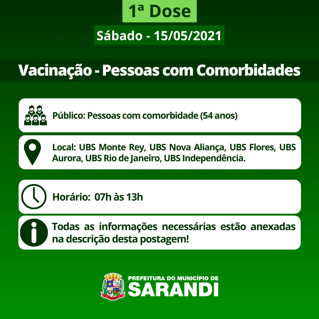 Cronograma de Vacinação contra Covid-19 (Comorbidades) - Sábado - 15/05/2021